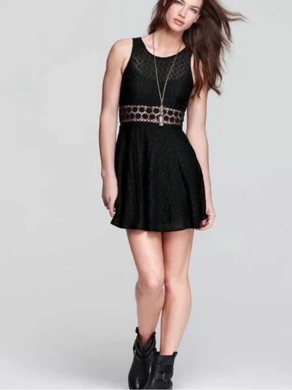 Free People Womens 2 Black Daisy Crochet Waist Sleeveless Mini Dress‎ Whimsigoth